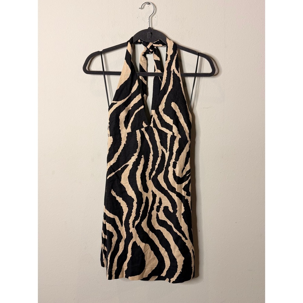 H&M Mini Dress Women XS Tan Black Zebra Print Halter Linen Blend Backless